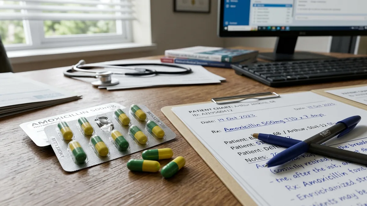 Cápsulas de amoxicilina junto a una historia clínica con la prescripción, estetoscopio y computador en el consultorio