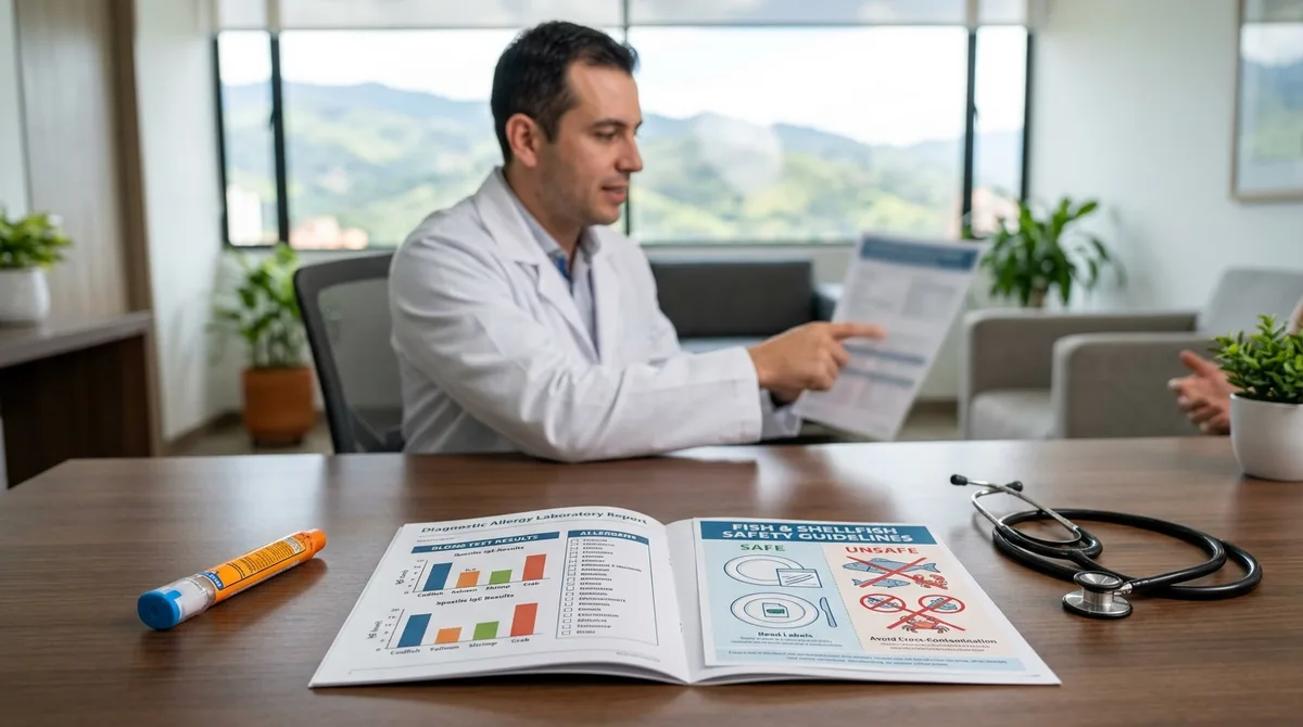 Consulta médica de alergia a pescados y mariscos con reporte de diagnóstico molecular y autoinyector de adrenalina en Medellín