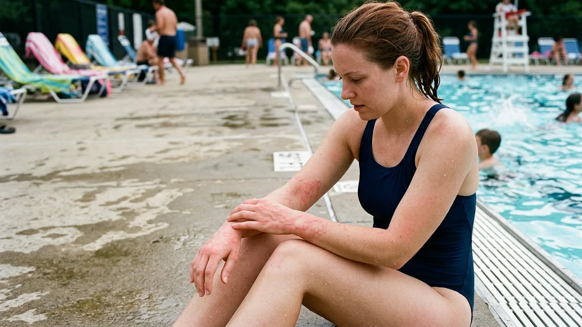 Mujer sentada al borde de una piscina examinando una erupción roja en su antebrazo