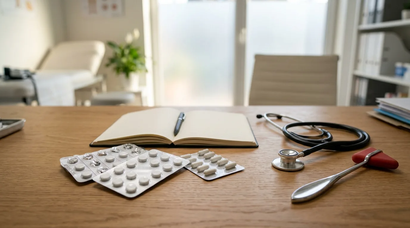 Mesa de consulta médica de alergología con medicamentos analgésicos, estetoscopio y libreta de historia clínica