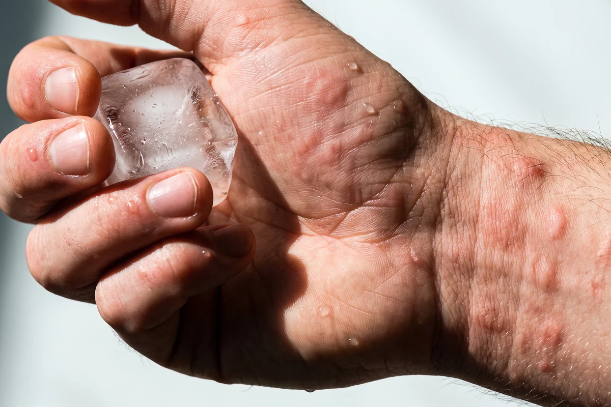 Mano sosteniendo un cubo de hielo con ronchas rojas en la piel de la muñeca, signo de urticaria por frío