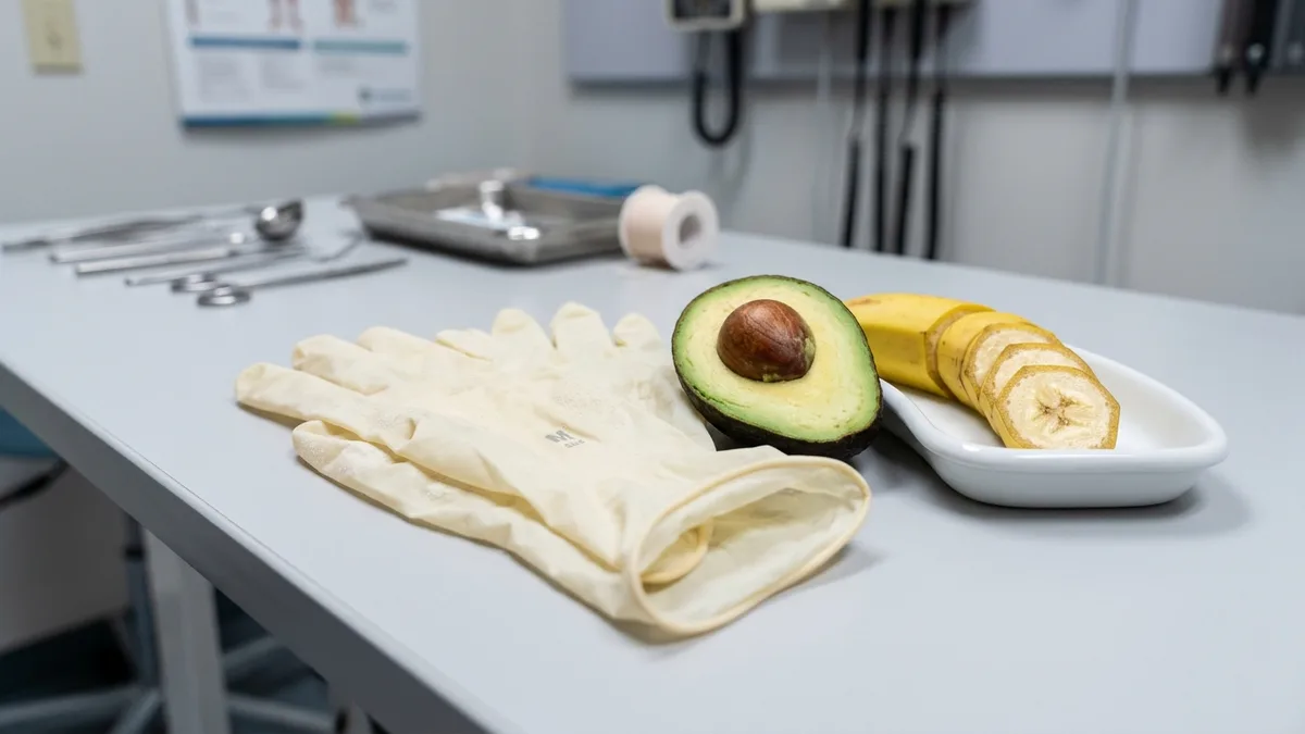 Guante de látex junto a aguacate y plátano sobre una mesa de consultorio, ilustrando el síndrome látex-frutas