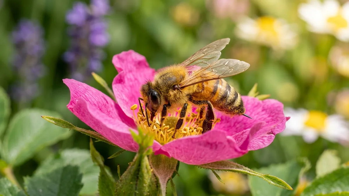 Abeja posada sobre una flor rosada recolectando polen