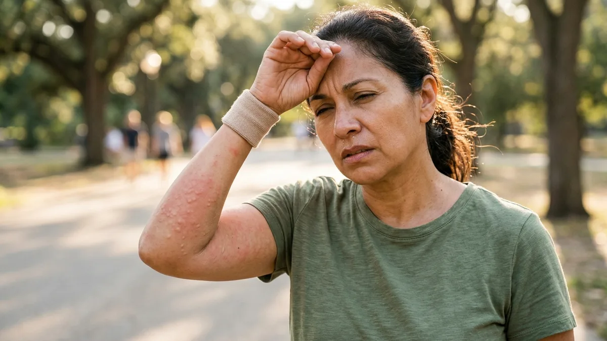Mujer al aire libre secándose el sudor de la frente con ronchas rojas visibles en el antebrazo, signo de alergia por el calor