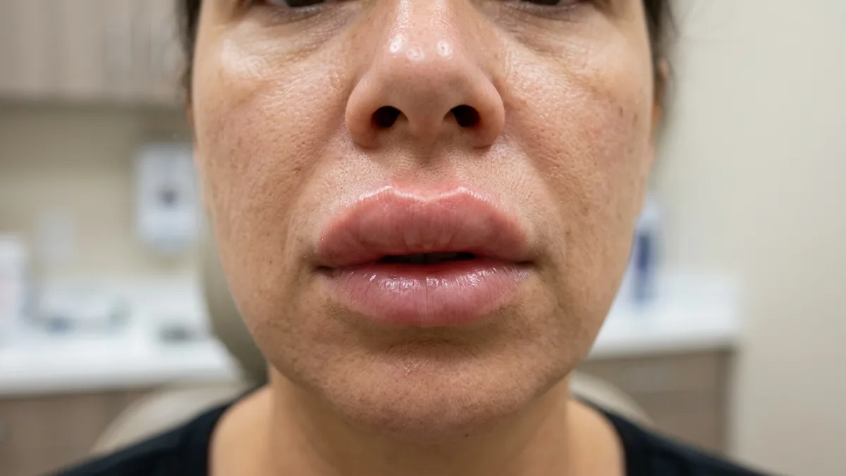 Mujer con los labios notablemente hinchados, signo característico del angioedema