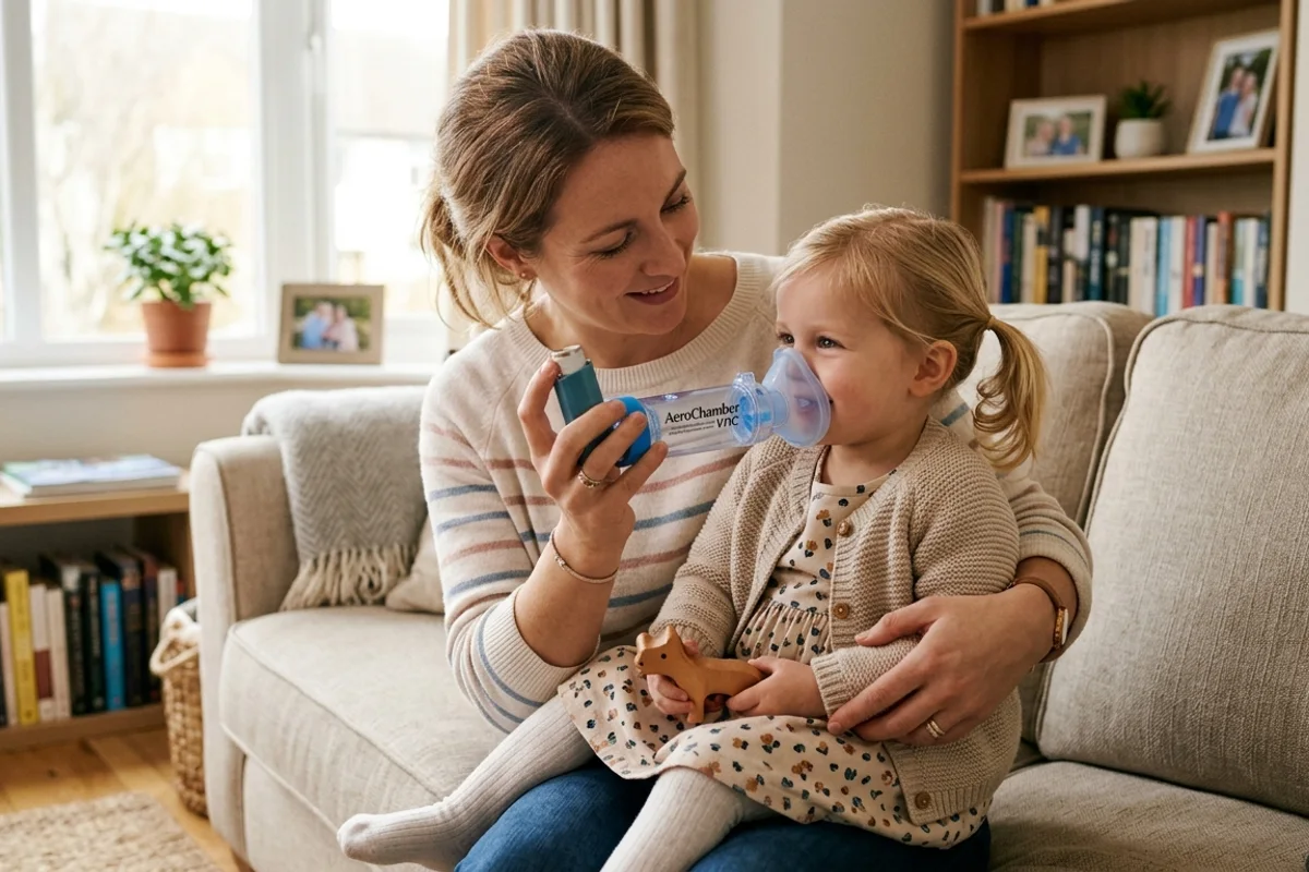 Madre ayudando a una niña a usar un inhalador con aerocámara y mascarilla en casa