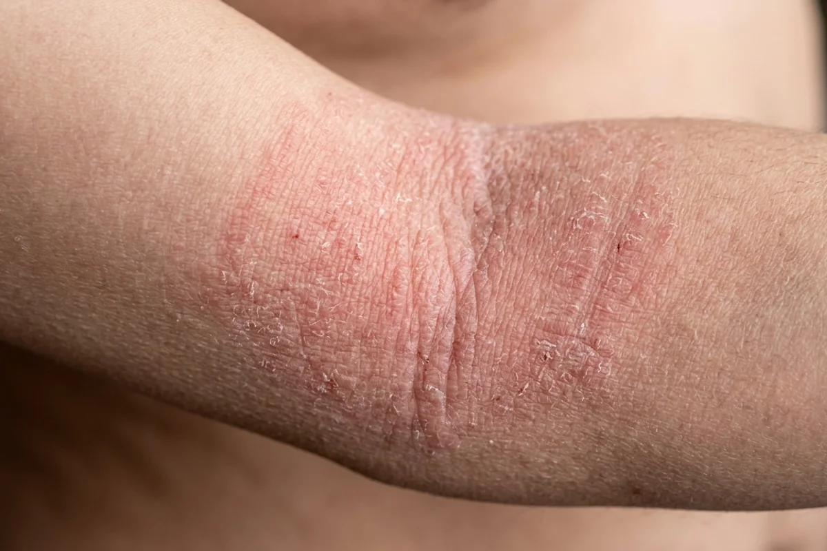 Piel del pliegue del codo con eccema seco y agrietado, típico de la dermatitis atópica
