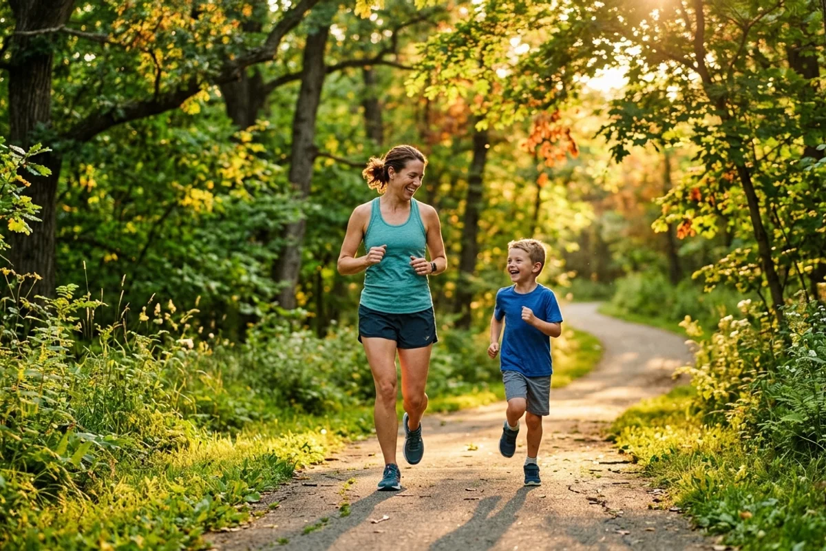 Madre e hijo corriendo felices por un sendero arbolado, representando una respiración saludable