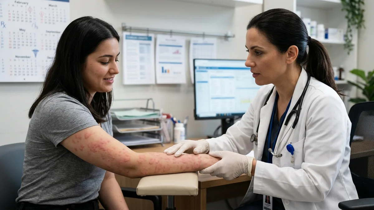 Doctora examinando el antebrazo de una paciente con ronchas de urticaria en el consultorio