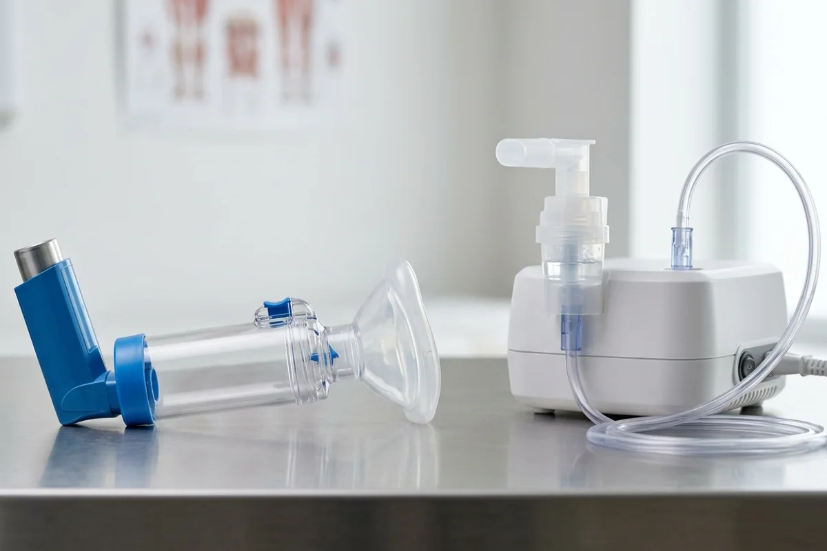 Comparación de un inhalador con aerocámara y un nebulizador sobre una mesa