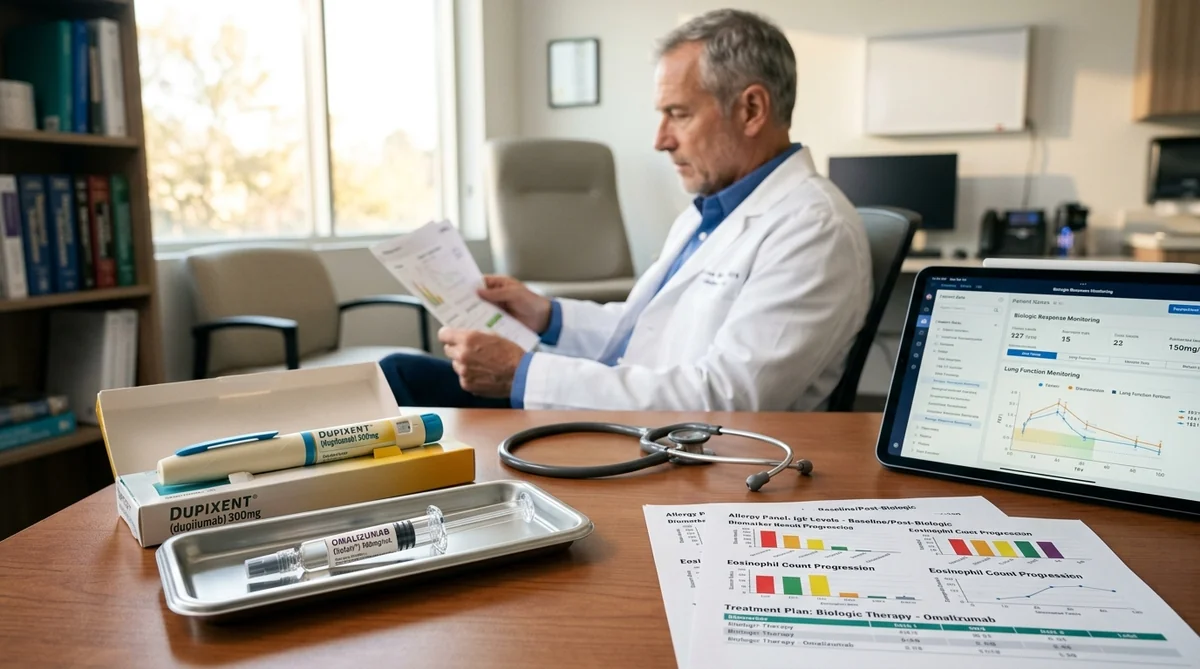 Consulta de alergología especializada con autoinyector de medicamento biológico, reporte de biomarcadores y estetoscopio