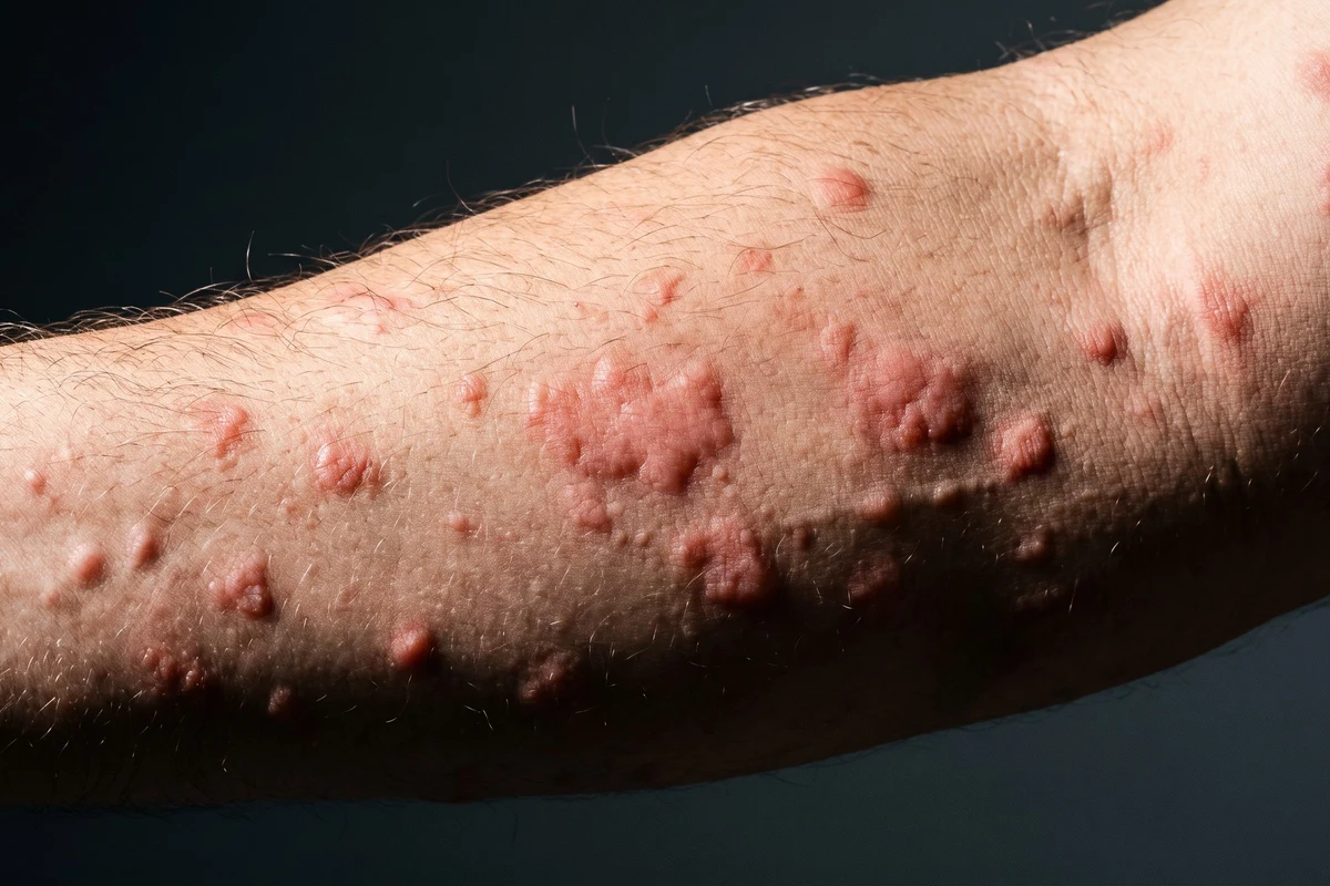 Antebrazo con múltiples ronchas rojas elevadas, típicas de una reacción alérgica con urticaria