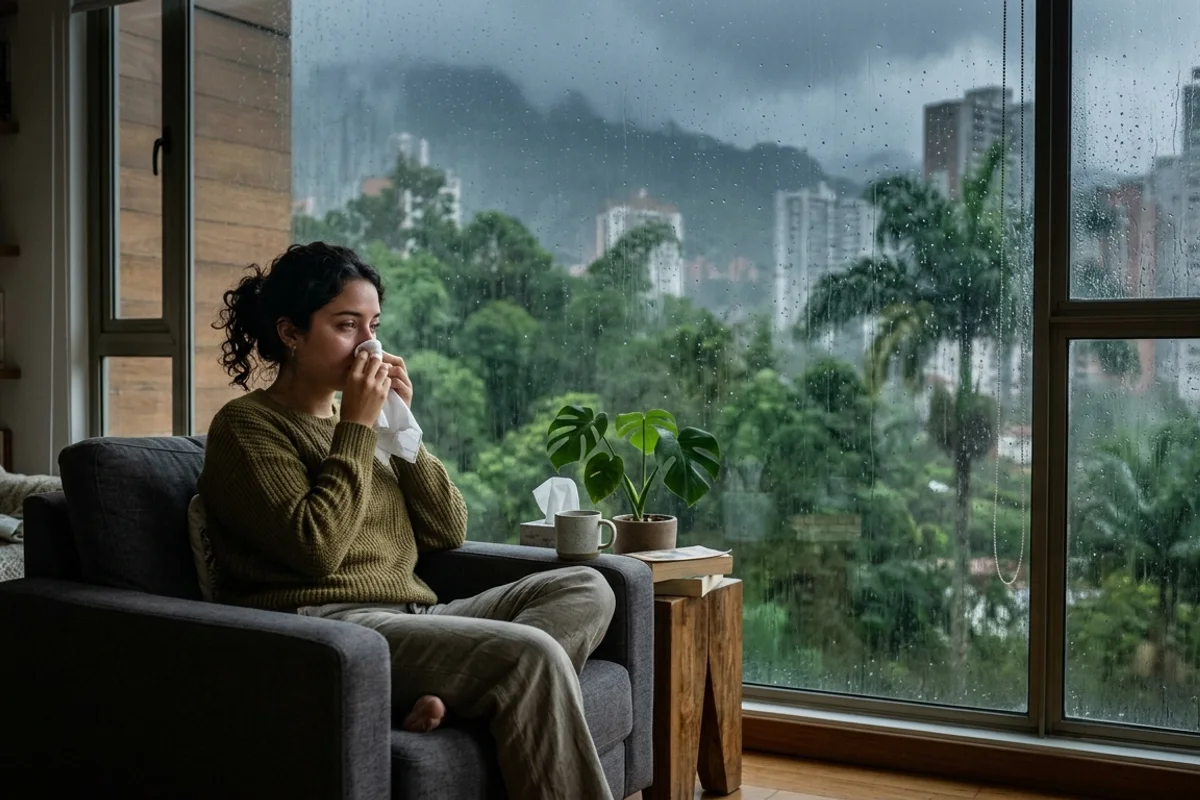 Mujer sentada junto a una ventana con lluvia, sonándose la nariz con un pañuelo, con el paisaje de Medellín de fondo