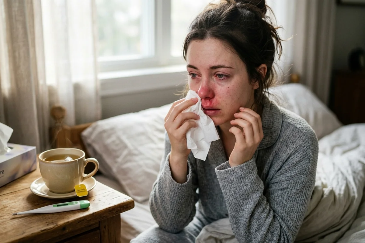 Mujer con la nariz irritada limpiándose con un pañuelo, con té y termómetro cerca, ilustrando los síntomas de rinitis o resfriado