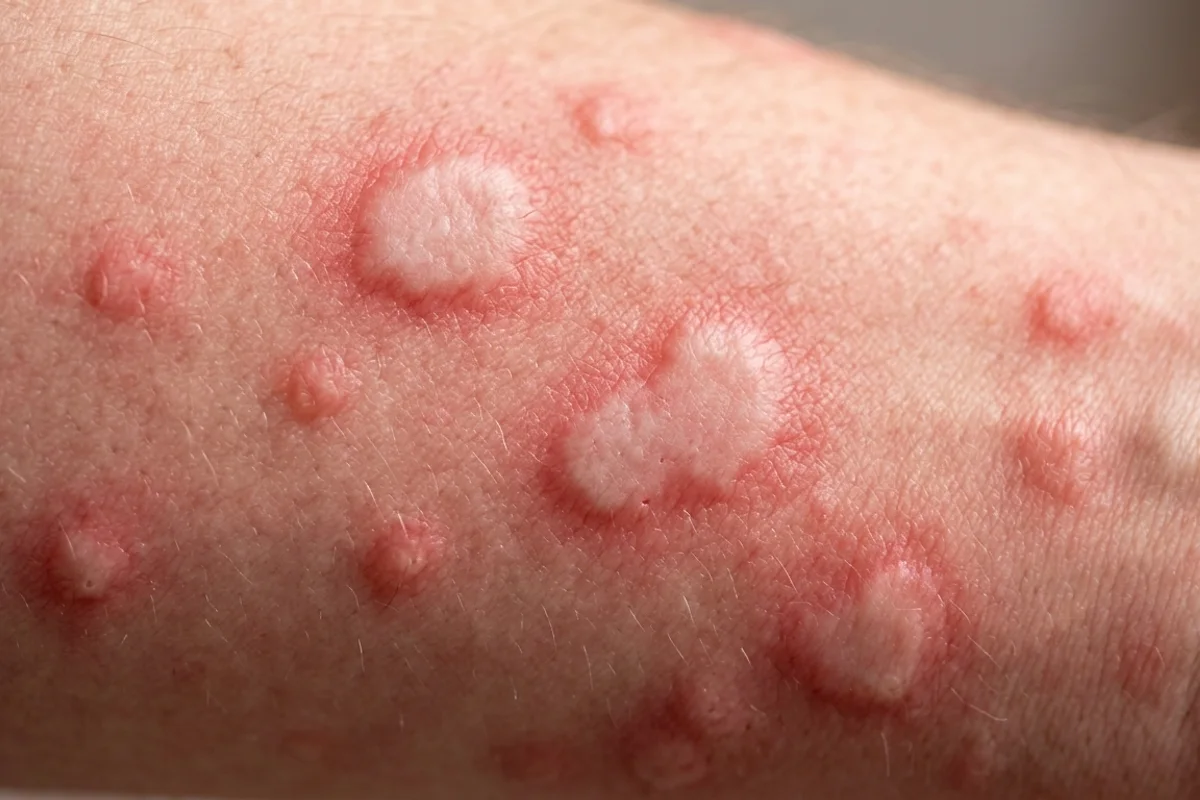 Antebrazo con habones de urticaria: ronchas rojas de centro pálido y elevado
