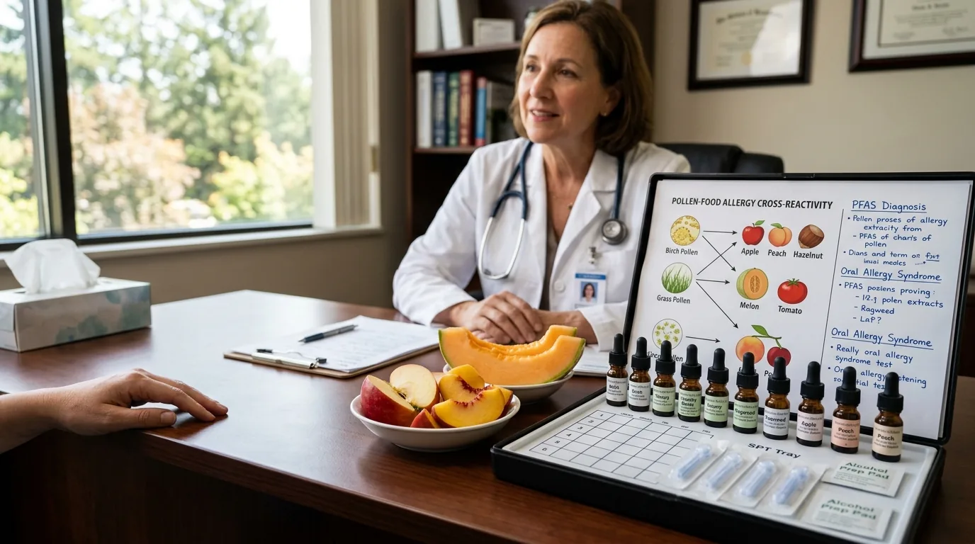 Consulta médica de alergología con frutas frescas y pruebas diagnósticas de reactividad cruzada polen-alimento