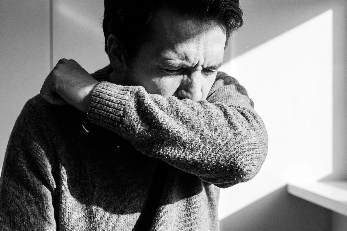 Hombre tosiendo cubriéndose con el codo, en fotografía en blanco y negro