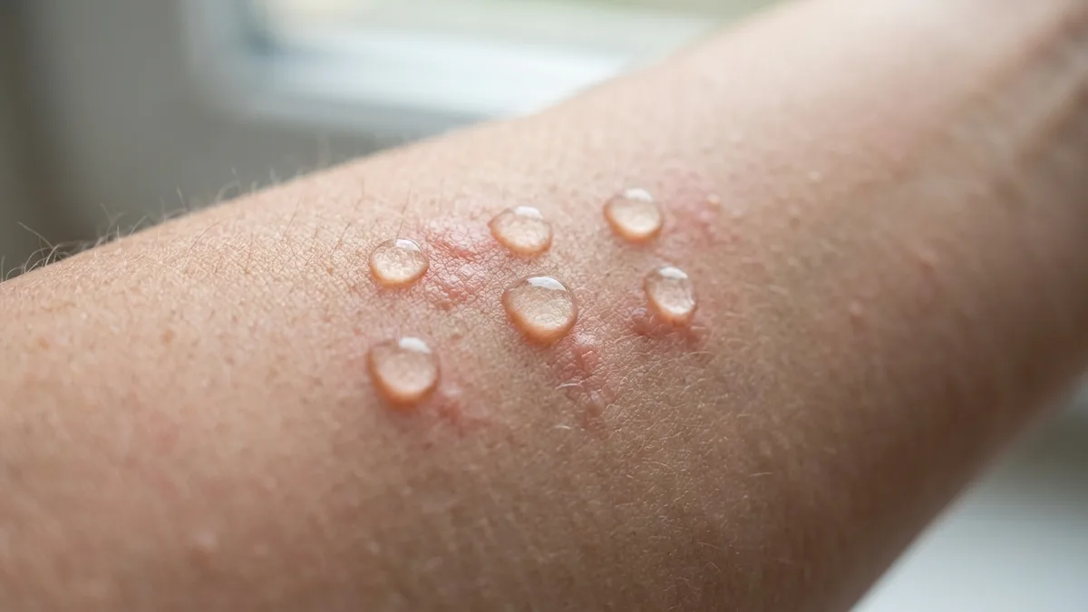 Gotas de agua sobre el antebrazo con pequeñas ronchas rojas alrededor, signo de urticaria acuagénica