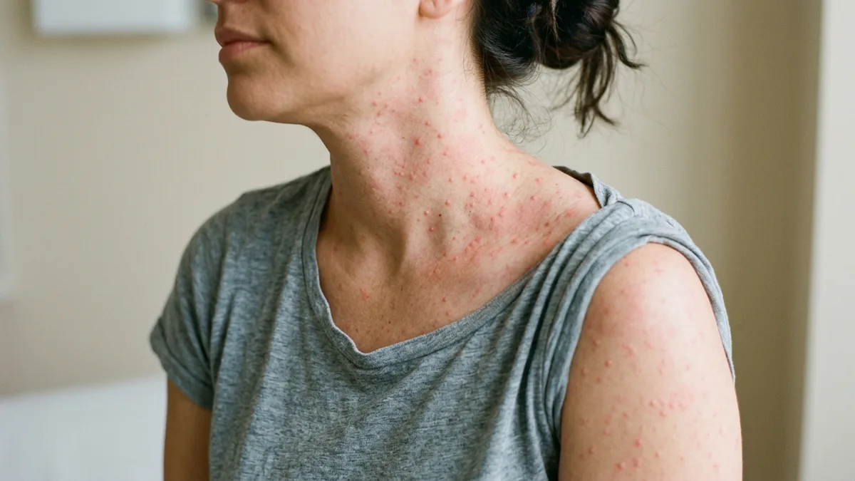 Cuello y hombro de una mujer con pequeñas ronchas rojas, signo de urticaria por calor