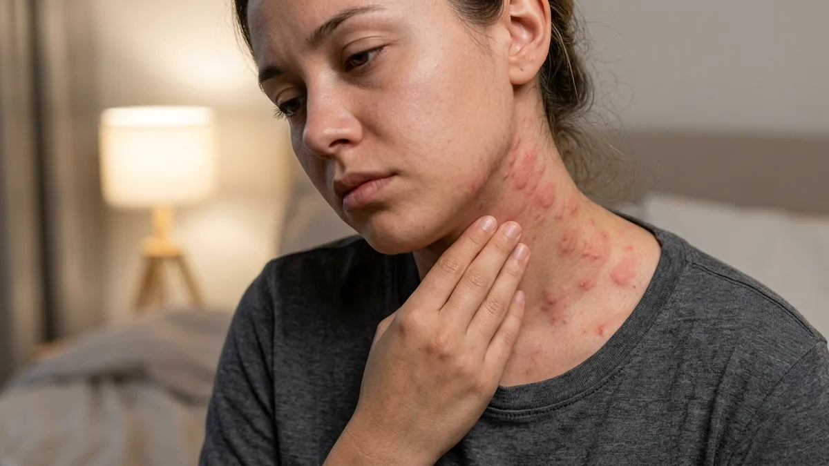 Mujer tocándose el cuello con ronchas rojas, en un contexto de estrés emocional